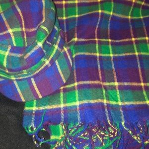 Purple, blue, green and yellow painters hat/scarf